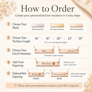 How to order personalized paw print bar necklace with metal, length, font placement, front engraving, and optional back engraving.