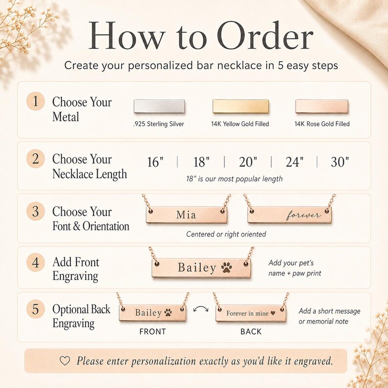 How to order personalized paw print bar necklace with metal, length, font placement, front engraving, and optional back engraving.