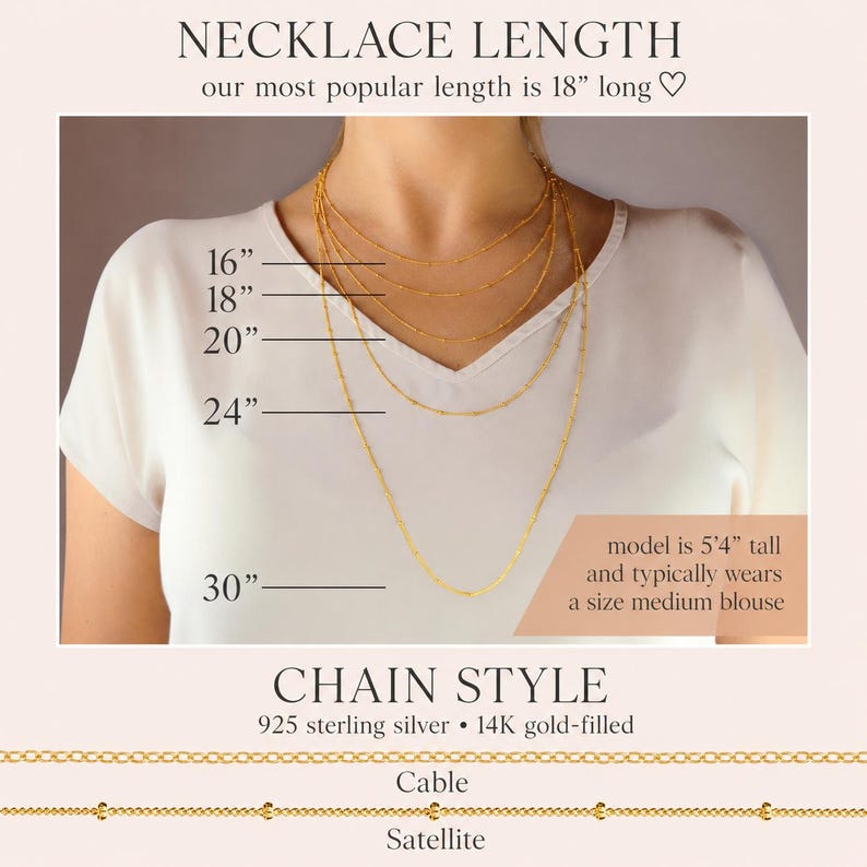 Necklace length and chain style guide for personalized location necklace.