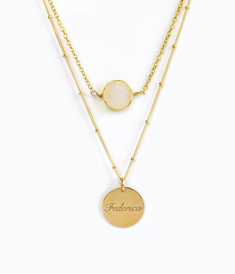 Personalized Name Necklace Set Double Strand Necklace White Druzy Layering Necklace Set with Engraved Name Drusy Bridesmaid Gift for her