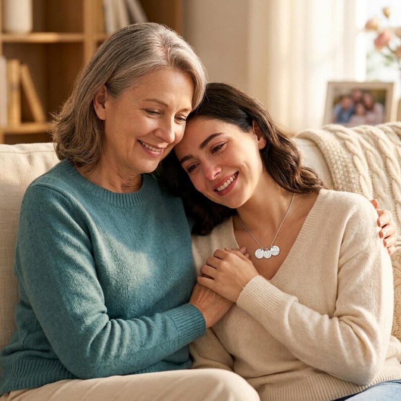 Mother daughter long distance necklace with custom place charms and heart center charm.