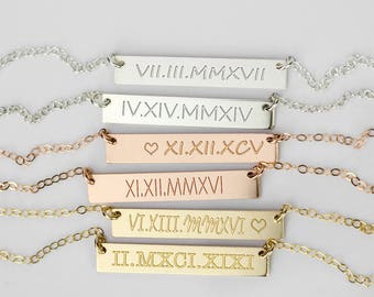 Roman Numerical Necklace, roman date bar necklace rose gold Custom Engraved Bar, Date Bar Necklace, Birthday Necklace, Anniversary Necklaces