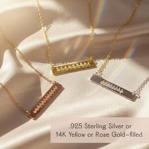 Heartbeat bar necklaces in sterling silver, yellow gold filled, and rose gold filled, engraved with custom sound wave or baby heartbeat design. Personalized memorial or pregnancy keepsake jewelry, meaningful gift for moms, push present, miscarriage remembrance, or baby shower.