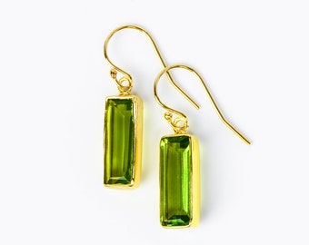 Adira Peridot Bar Drop Earrings, Gold Dangle Earrings, August Birthstone Jewelry, Statement Gemstone Bar Earrings, Unique vertical bar