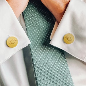 Gold circular stainless steel cufflinks with Classic Monogram 1 with the Initials A C A, worn on the cuffs of a model. What to wear to a wedding, What to Wear to a wedding Men, Wedding Favors, Formal Wedding Gift, Matching Groomsmen Gift