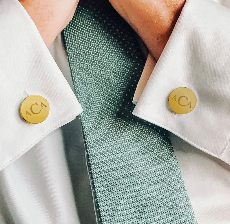 Gold circular stainless steel cufflinks with Classic Monogram 1 with the Initials A C A, worn on the cuffs of a model. What to wear to a wedding, What to Wear to a wedding Men, Wedding Favors, Formal Wedding Gift, Matching Groomsmen Gift