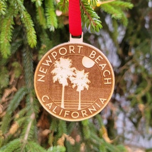 Newport Beach Ornament California Christmas American Wood Engraved 3.1" CA Surfing Gift