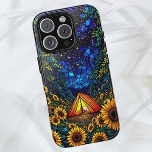 Tough Cases, Camping Sunflowers iPhone Case Stained Glass Effect Nature Lover Gift, Starry Night Tent, Sunflower 14,15,16 Pro