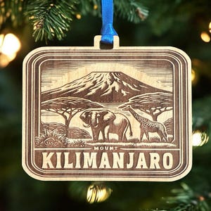 Kilimanjaro Ornament Africa Cherry Wood Christmas Tanzania. Made In USA Gift. Travel Vacation Souvenir Elephant