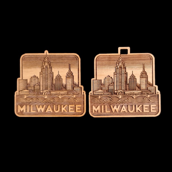 Milwaukee Ornament Wisconsin Solid Cherry Christmas American Wood Engraved 3.25" x 3" WI Made in USA Gift America