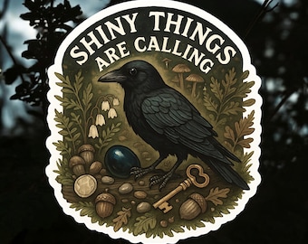 Crow sticker with trinkets and shiny elements  Assorted sizes for bird lovers, collectors, laptops, water bottles or journals.