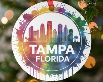 Tampa Floridas silhuettornament, akvarell stadslandskapskonst, regnbågsresesouvenir, färgglad stadskonst, semestergåva i Florida