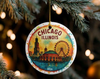 Chicago Illinois Skyline Ornament | Ceramic 2-Side Christmas Travel Souvenir 3"