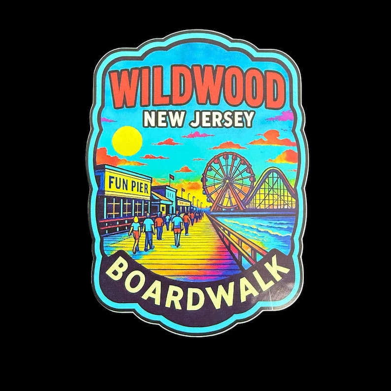 May include: A colorful Wildwood New Jersey Boardwalk sticker. The design features a pier with a Ferris wheel, roller coaster, and the words "Wildwood Boardwalk" in a retro style. The sky is a vibrant mix of colors.