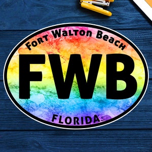 Vinyloverdrukplaatjesticker Fort Walton Beach 4 x 3 inch Florida regenboog euro ovaal FWB