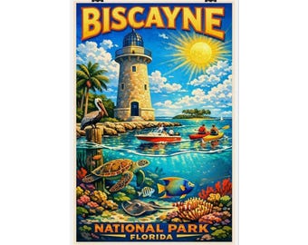Biscayne National Park Florida Lighthouse Poster, Rolled Poster | Vintage Travel Art