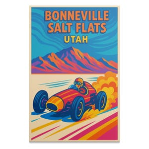 Bonneville Salt Flats Poster, Utah Racing Art Print, Vibrant Wall Decor, Retro Motorsport Illustration, Colorful Vintage Car Artwork