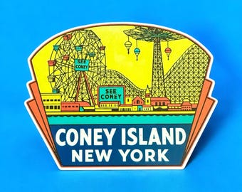Coney Island, New York, Vintage Style Sticker Souvenir Decal For Vacation Travel, Vinyl Indoor Or Outdoor