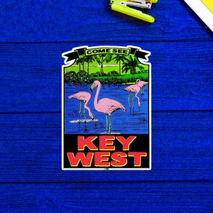 Key West Florida Vintage Flamingos Travel Luggage Sticker 4&quot;