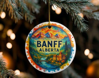 Banff Alberta Watercolor Canada Landscape Skiing Souvenir Ornament