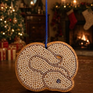 May include: A hanging ornament shaped like a rabbit, crafted from a light brown material and covered in a dense pattern of small white and grey beads. A single dark blue bead serves as the rabbit's eye, and a blue cord is attached to the top.