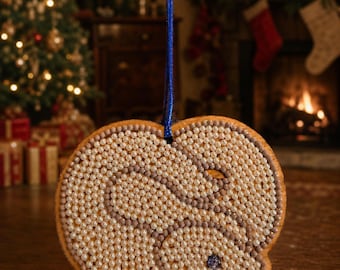 Leucistic Blue Eyed Ball Python Ornament, Hand Beaded Cherry Wood Christmas Decoration LUCI
