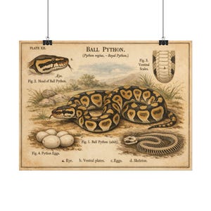 Op de afbeelding: Vintage poster getiteld "Ball Python" met gedetailleerde illustraties van de kop, het lichaam, de eieren en het skelet van de slang. De poster heeft een beige achtergrond met wetenschappelijke tekst en diagrammen.