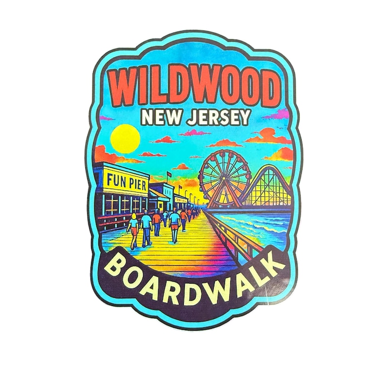 May include: A colorful sticker featuring a boardwalk scene with the text "Wildwood New Jersey Boardwalk." The design includes a Ferris wheel, roller coaster, and people walking on a pier, set against a sunset sky and ocean.