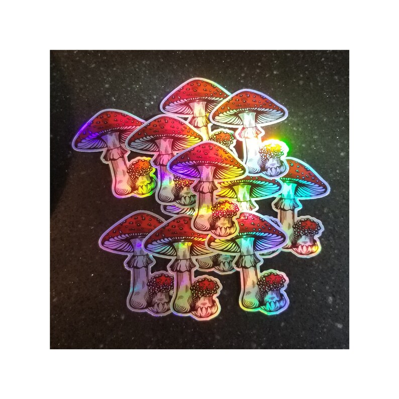 May include: A collection of holographic stickers featuring detailed illustrations of red and white spotted mushrooms. The stickers have a rainbow sheen, with vibrant colors and intricate line art, creating a whimsical and eye-catching design.