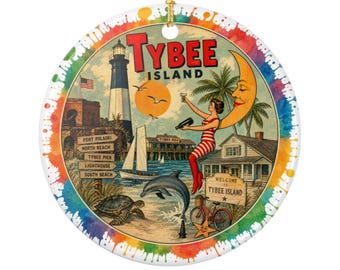 Tybee Island Vintage Beach Collage Keramisk Ornament | Runt Tryck på två Sidor