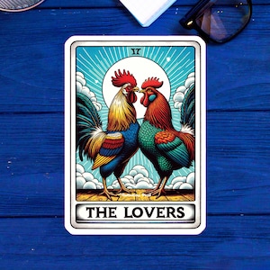 The Lovers Chickens Tarot Card Sticker 3.75&quot; Decal Cute Vinyl Chicken Rooster Hen