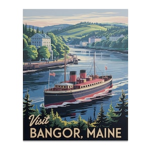 Visita Bangor, Maine - Póster de viaje vintage, tienda de impresiones, arte de pared, puerta de entrada a Acadia, decoración de paisajes americanos, póster de turismo retro