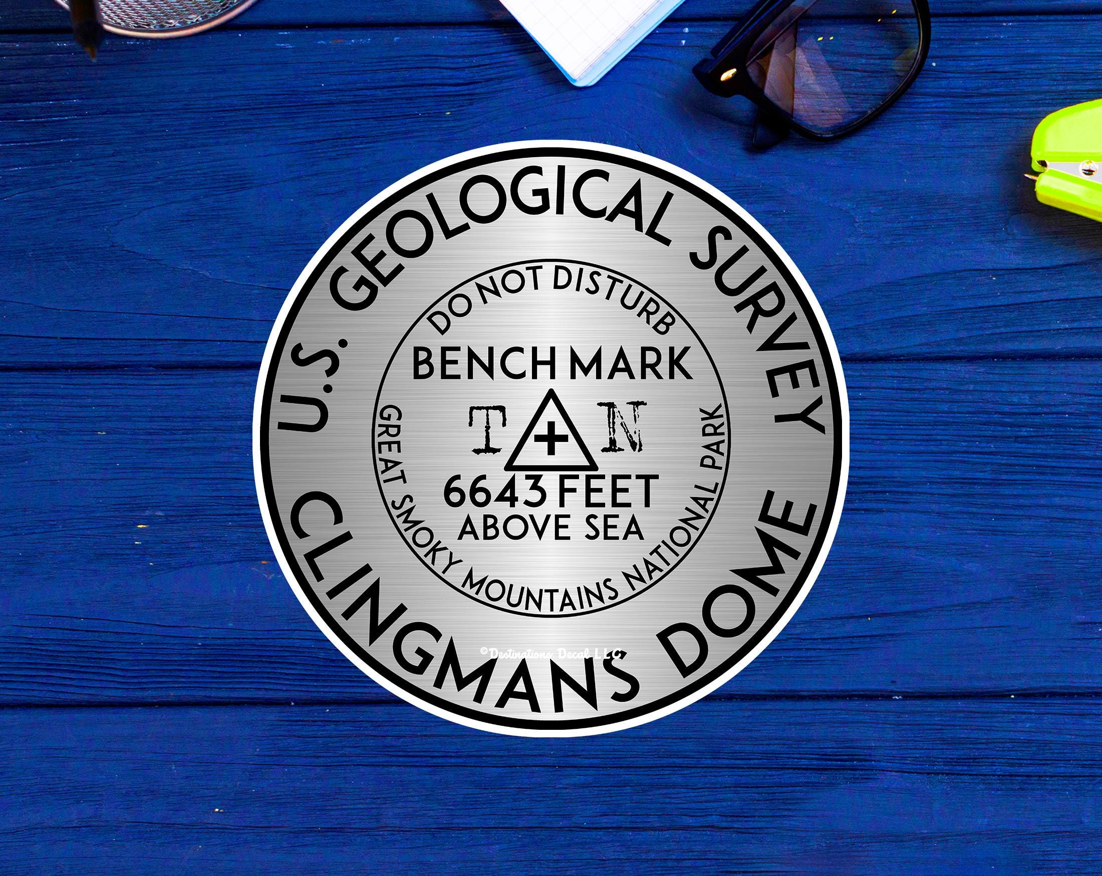Clingmans Dome Sticker Hiking Climbing Bench Mark Thick Vinyl USGS 3" to 5 Inch
