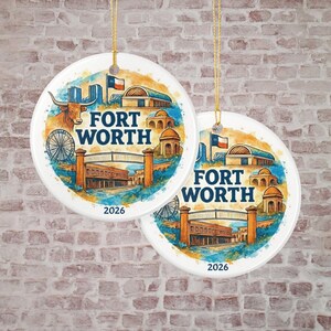 Ornamento in ceramica acquerello di Fort Worth, Texas, souvenir da viaggio per le vacanze a due lati, regalo TX