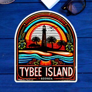 May include: A colorful retro-style sticker featuring a lighthouse on Tybee Island, Georgia. The sticker has a sunset background with palm trees and a beach scene. The text "Tybee Island, Georgia" is printed on the sticker.