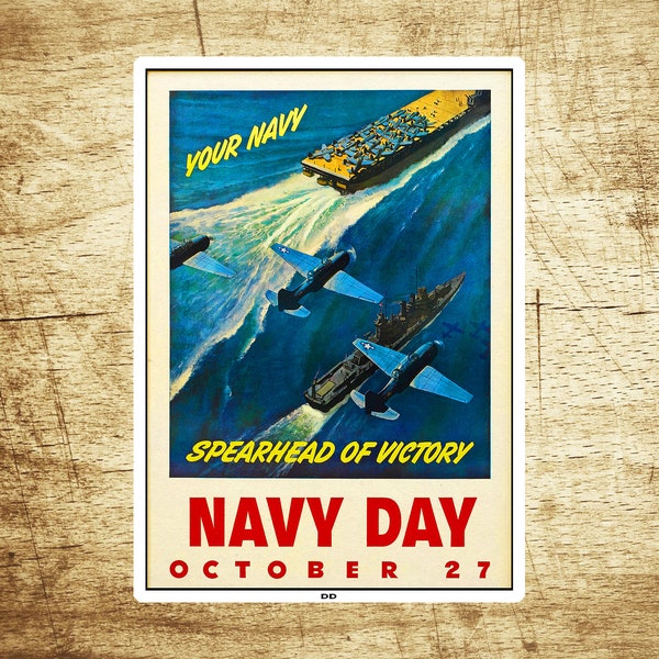 Navy Day USN Aircraft Carrier Vintage Sticker Decal 3.75" x 2.75" Vinyl