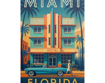 May include: A vintage travel poster featuring a retro art deco hotel building with palm trees and a classic car in front. The poster has the text "MIAMI FLORIDA" in yellow letters.
