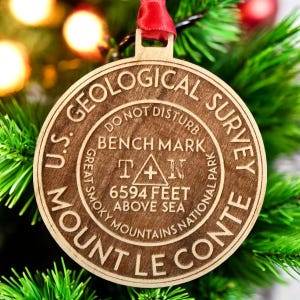 Personalized Benchmark Ornament  Or Mount Le Conte Christmas Bench Mark  Tennessee Solid Cherry Wood USGS Choose Your Location 3.1" TN