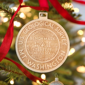 Mount Washington Ornament Christmas Benchmark New Hampshire Wood USGS Engraved 3.1&quot; NH