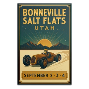 Vintage Bonneville Salt Flats Utah Racing Poster, Classic Car Enthusiast Artwork, Retro Adventure Print, Unique Wall Decor