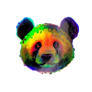 Puede incluir: Ilustración estilizada y colorida de la cara de un oso panda. La obra presenta un espectro de colores vibrantes, incluyendo verde, naranja y morado, creando un efecto visual impactante. Los ojos del panda son de un rojo intenso y el fondo es blanco.