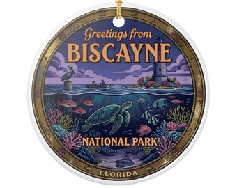 Greetings from Biscayne National Park ceramic ornament | Florida turtle lighthouse design