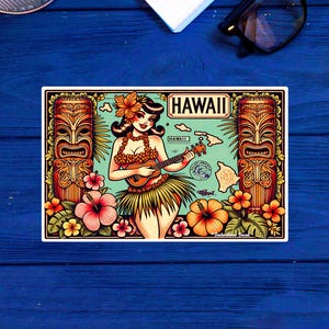 Hawaii Vintage Hula Beach Oahu Sticker 3.9&quot; x 2.75&quot; Decal Vinyl Maui Molokai Honolulu Travel Vacation Souvenir Gift