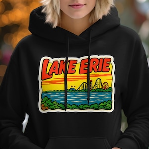 Lake Erie retro grafisch sweatshirt, vintage pretparkontwerp, T-SHIRT illustratie kustzonsondergang, nostalgische Lake Erie-kleding