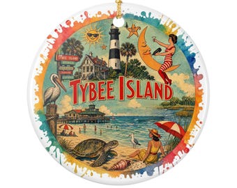 Tybee Island Vintage Beach Georgia Ornament | Keramisk semestersouvenir