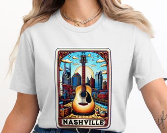 Camiseta con guitarra retro de Nashville Music City, camiseta vintage con el horizonte de Nashville, camiseta para amantes de la música country, camiseta gráfica unisex
