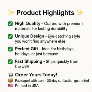 Puede incluir: Un gr&aacute;fico con el texto "Product Highlights" y marcas de verificaci&oacute;n junto a las descripciones de las caracter&iacute;sticas del producto. El texto incluye "High Quality", "Unique Design" y "Fast Shipping". El gr&aacute;fico tambi&eacute;n incluye el texto "Order Yours Today!"