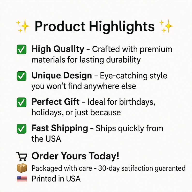 Puede incluir: Un gr&aacute;fico con el texto "Product Highlights" y marcas de verificaci&oacute;n junto a las descripciones de las caracter&iacute;sticas del producto. El texto incluye "High Quality", "Unique Design" y "Fast Shipping". El gr&aacute;fico tambi&eacute;n incluye el texto "Order Yours Today!"
