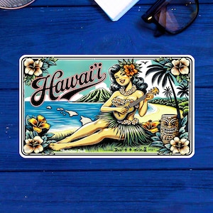 Hawaii Vintage Hula Beach Oahu Sticker 3.75&quot; x 2.5&quot; Decal Vinyl Maui Molokai Honolulu Travel Vacation Souvenir Gift