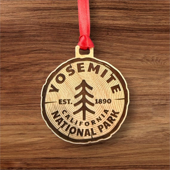 Yosemite National Park Wood Ornament 3" – Solid Cherry Christmas Ornament – California Souvenir – Laser Cut Rustic Park Decor – Made in USA